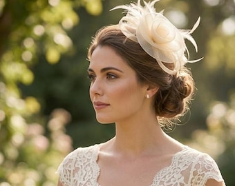 Diadema de plumas y sinamay – Tocado para invitada a cóctel de boda en Royal Ascot