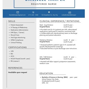 May include: A resume for Danielle Harper, a registered nurse, with contact information and a LinkedIn profile. The resume lists skills, certifications, clinical experience, and education, including a Bachelor of Science in Nursing.