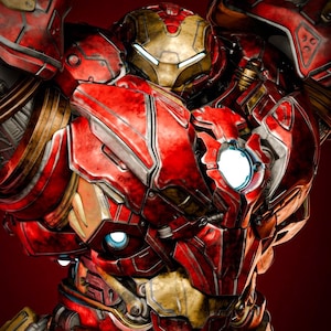 Puede incluir: Una vista detallada y de cerca de un traje robótico rojo y dorado, con luces azules y blancas brillantes. La armadura tiene una textura metálica y paneles intrincados, lo que sugiere un diseño de alta tecnología. La estética general es futurista y poderosa.