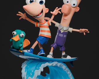Phineas and Ferb statue - Cartoon Inventor Brothers STL File | Surf Adventure Statue | Stylized Animation 3D Print Model | Resin Figure stl