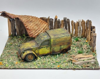 Diorama 15x10 cm. Citroen 2 cv van AZU série " Voiture abandonnée " Echelle 1/43