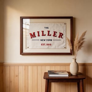 Puede incluir: Un cuadro de pared enmarcado con el texto "THE MILLER NEW YORK EST. 2018" en letras rojas. El marco es de color marrón oscuro y el lienzo es de color beige claro. La pared está pintada de color beige claro.