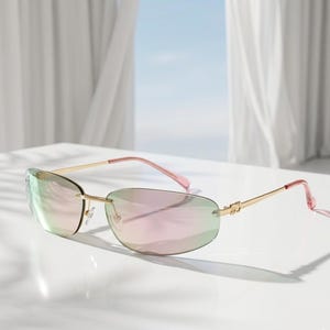 May include: Rimless sunglasses with a gold-tone frame and gradient lenses that transition from pink to green. The temples are gold with pink accents. The sunglasses are displayed on a white surface.