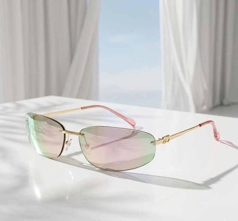 May include: Rimless sunglasses with a gold-tone frame and gradient lenses that transition from pink to green. The temples are gold with pink accents. The sunglasses are displayed on a white surface.