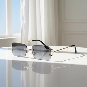 UV400 Rimless Rectangle Sunglasses, Luxury Vintage Sunglasses, Retro Fashion Eyewear, Beach Vacation Shades