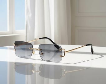 UV400 Rimless Rectangle Sunglasses, Luxury Vintage Sunglasses, Retro Fashion Eyewear, Beach Vacation Shades