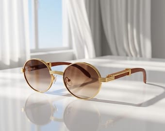 Vintage Round Steampunk Sunglasses with Wood Temples, Retro Women Sunglasses, Boho Festival Shades