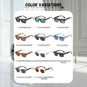 May include: A display of sunglasses in various color combinations. The image shows eleven different styles, including black, green, gray, brown, and blue frames with matching or contrasting lenses. Text at the top reads "COLOR VARIATIONS".