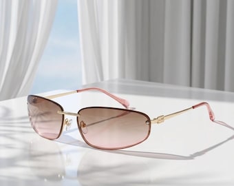Y2K Rimless Sunglasses for Women, Vintage Pink Gradient Shades, Retro Trendy 90s Fashion Eyewear