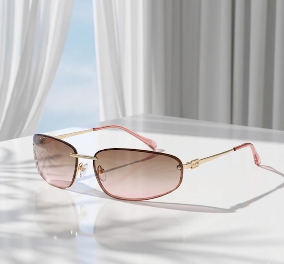 Y2K Rimless Sunglasses for Women, Vintage Pink Gradient Shades, Retro Trendy 90s Fashion Eyewear