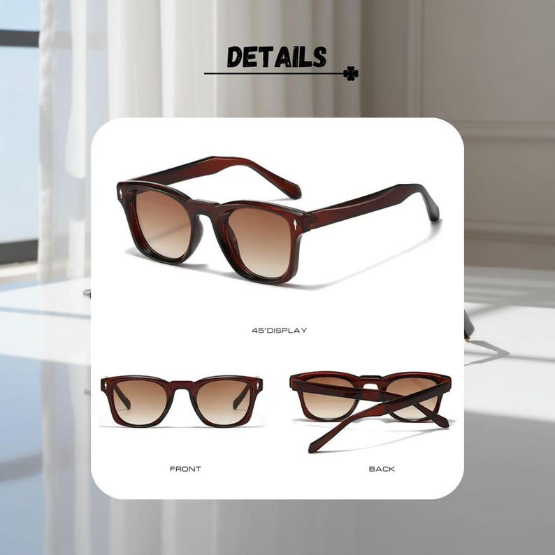May include: Brown sunglasses with a square frame and gradient lenses. The image shows the sunglasses from multiple angles, including front, side, and back views. The word "DETAILS" is at the top of the image.