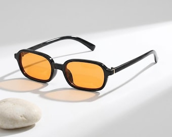 Y2K Orange Tint Sunglasses Women Men, Vintage Retro Rectangle Shades, Trendy Unisex Fashion Glasses