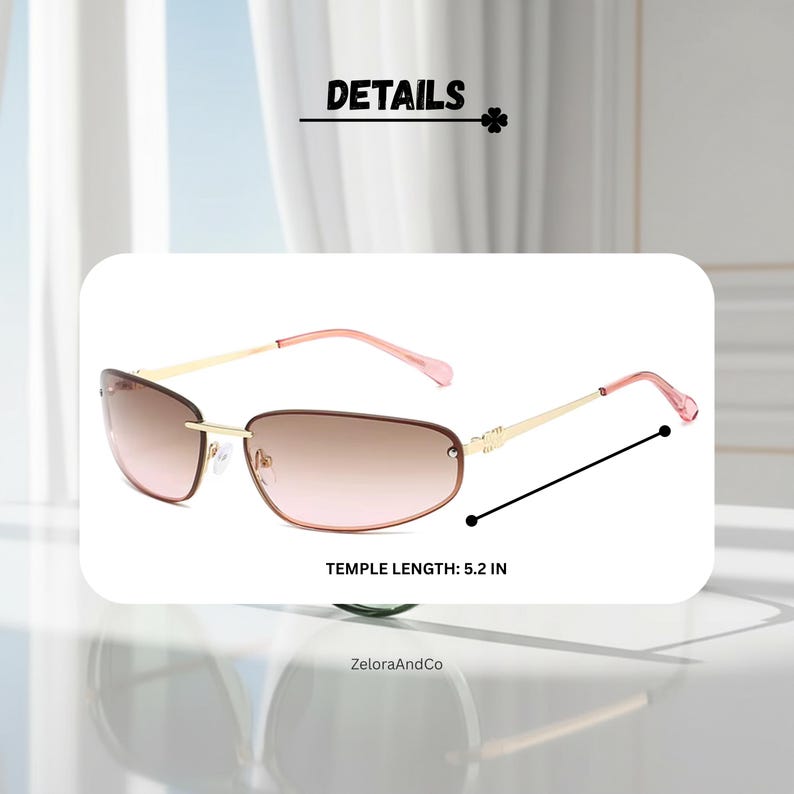 May include: Rimless sunglasses with a gradient brown tint and pink temples. The temple length is 5.2 inches. The frame is gold-colored. The sunglasses have a sleek, modern design.