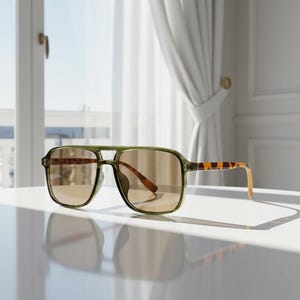May include: Square-framed sunglasses with a translucent olive green frame and brown lenses. The temples feature a tortoiseshell pattern. The sunglasses are resting on a white surface, with sunlight casting a shadow.