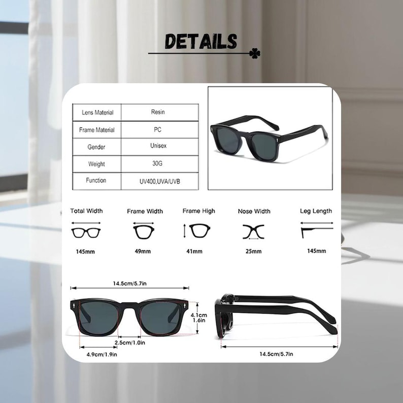 May include: Unisex black sunglasses with resin lenses and PC frames. Total width 14.5cm, frame width 4.9cm, and frame height 4.1cm. Nose width 2.5cm, and leg length 14.5cm. These sunglasses provide UV400 UVA/UVB protection.