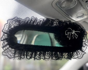 Ruffled Lace Rearview Mirror Sleeve with Rhinestone Bow|housewarming car gift