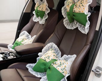 Fresh White Daisy Lace Trim Car Headrest| Soft Bow Decor Auto Waist Support Cushion