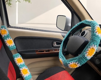 Hand Crochet Steering Wheel Cover & Seat Belt Cover Set|Unique Handmade Car Accessories