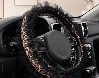 Leopard Print Black Lace Full Car Interior Set|Luxury Girly Style with Lace Ruffles