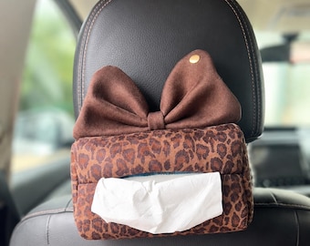 Brown Leopard Bow Car Tissue Holder| Vintage Hanging Headrest Tissue Box