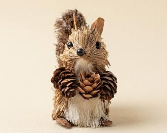 Handmade Straw Squirrel Figurine|Natural Pinecone Decor|Rustic Cottagecore Ornament
