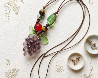 Boho Grape Necklace|Adjustable Wax Cord Fruit Pendant|Cottagecore Nature Inspired Jewelry