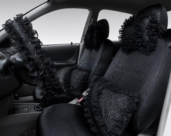 Ensemble intérieur de voiture gothique coquette en dentelle noire | Ensemble volant et oreiller