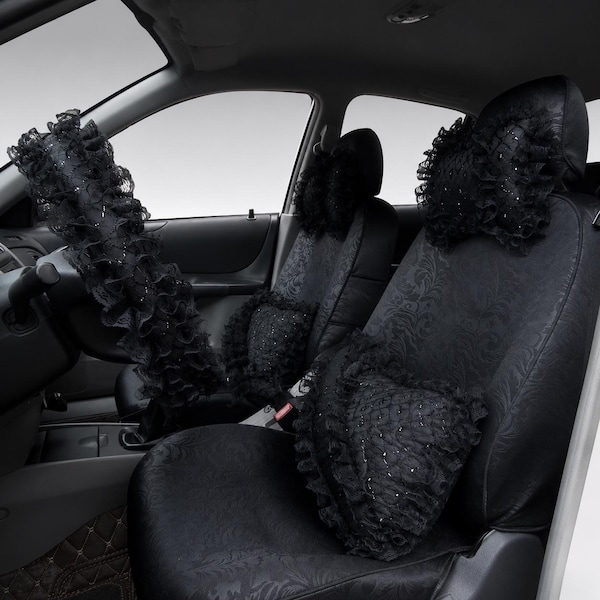 Conjunto de Interior Automotivo Gothic Coquette em Renda Preta | Conjunto de Volante e Almofadas