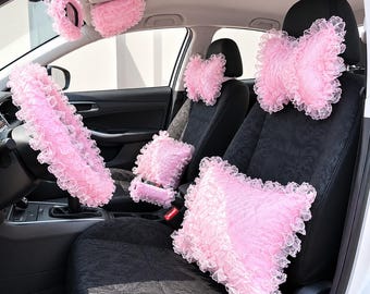 Pink Lace Girly Car Interior Decor Set | Feminine Ruffled Accessories