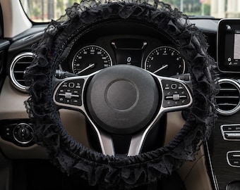 Coprivolante con volant in pizzo + copri leva del cambio / Nero e viola / Accessori per auto da donna femminile