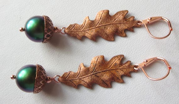 Artisan Czech Glass Pumpkin and Oak Leaf Earrings with Antiqued Copper-Plated Brass