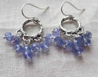 Tanzanite and Sterling Silver Rustic Boho Chandelier Earrings