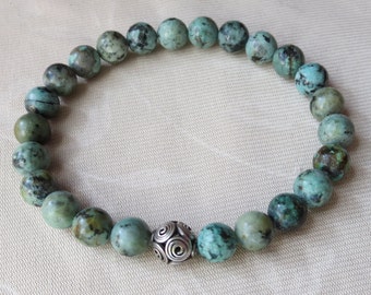 Unisex 8mm African Turquoise Bracelet with Fancy Hand Made Sterling Silver Focal Bead