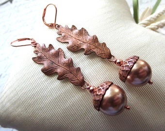 Genuine Copper Rose Gold Acorn Oak Leaf Earrings