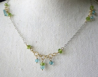 Delicate Peridot and Apatite Oxidized Sterling Silver and Gold Necklace