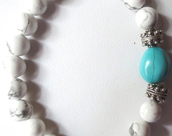 White Howlite, Sterling Silver and Genuine Turquoise Unisex Stretch Bracelet