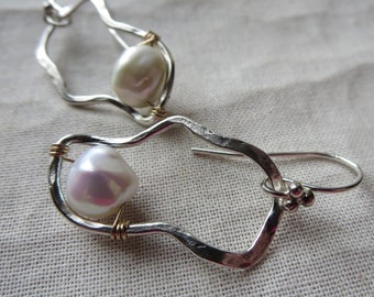Luminous Keishi Pearl Earrings with Artisan Organic Sterling Silver Hoops