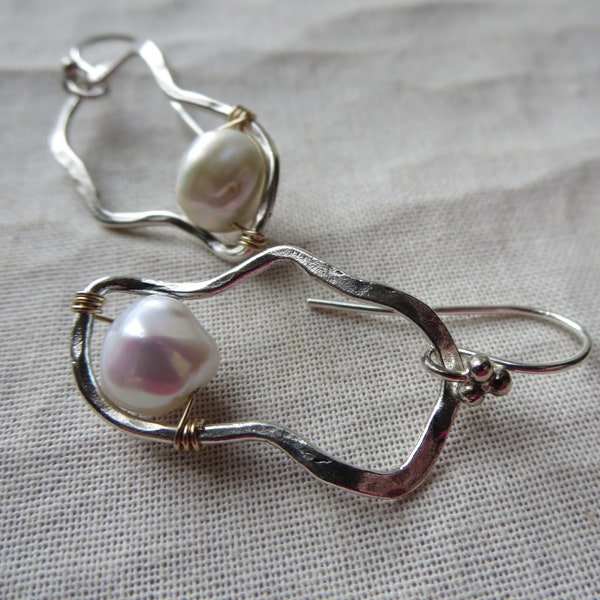 Luminous Keishi Pearl Earrings with Artisan Organic Sterling Silver Hoops