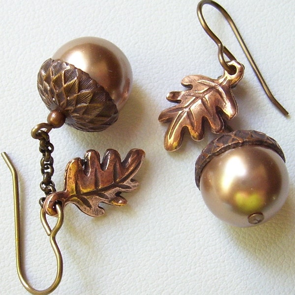 Bronze Acorn Earrings with Brass Caps and Antique Copper Oak Leaves