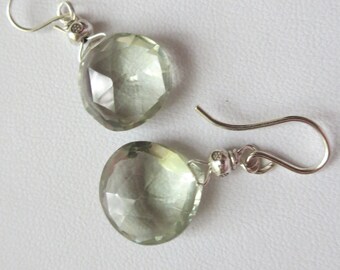 Green Amethyst AAA 15mm Briolette Sterling Silver Earrings