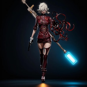 Peut inclure: Une figurine vêtue d'une tenue de style militaire marron, tenant une arme à feu et une grande arme avec un rectangle bleu brillant. La figurine a les cheveux blancs et porte des bottes montantes. Une forme sombre et abstraite s'étend de l'arme.