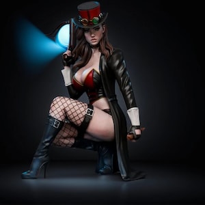 May include: A detailed figurine of a woman in a steampunk-inspired outfit. She wears a black coat, red and black corset, fishnet stockings, and high-heeled boots. She holds a futuristic device emitting a blue light, and wears a top hat with goggles.
