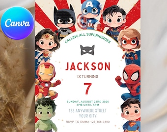 Invito di compleanno a tema supereroi, invito per festa a tema supereroi, invito a tema fumetti, modificabile su Canva, download digitale