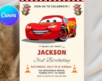 Invito di compleanno a tema Saetta McQueen, invito di compleanno con auto da corsa, modello Canva modificabile, download digitale immediato