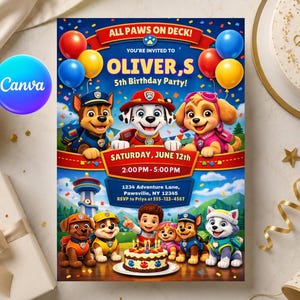 Puede incluir: Una colorida invitación de cumpleaños con personajes de dibujos animados y globos. La invitación dice "ALL PAWS ON DECK! You're invited to Oliver, S 5th Birthday Party!" con la fecha, hora y detalles del lugar. También se ve un globo dorado y una caja de regalo con un lazo.