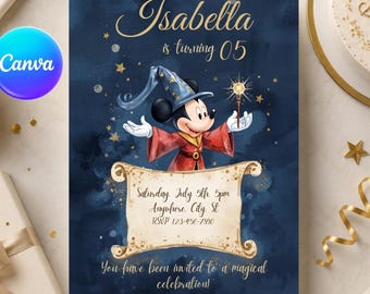 Invito di compleanno di Topolino, festa di compleanno per bambini, modello Canva modificabile, download digitale immediato
