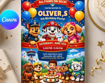 Invito di compleanno Paw Patrol, invito modificabile per feste di compleanno per bambini, download digitale immediato su Canva
