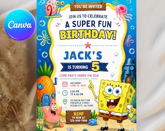 SpongeBob Birthday Invitation, Editable SpongeBob Cartoon Party Invite, Digital Download, Canva Template
