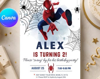 Invito di compleanno di Spiderman, invito di Spidey modificabile, festa di compleanno per bambini, modello Canva, download digitale immediato
