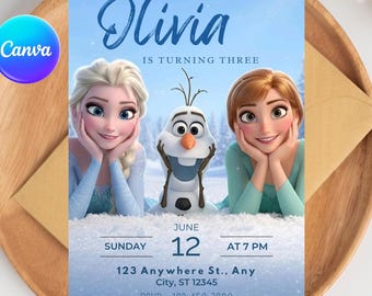 Invito di compleanno a tema Frozen, invito personalizzabile con la principessa di Frozen, festa a tema Paese delle Meraviglie invernale, download digitale su Canva.